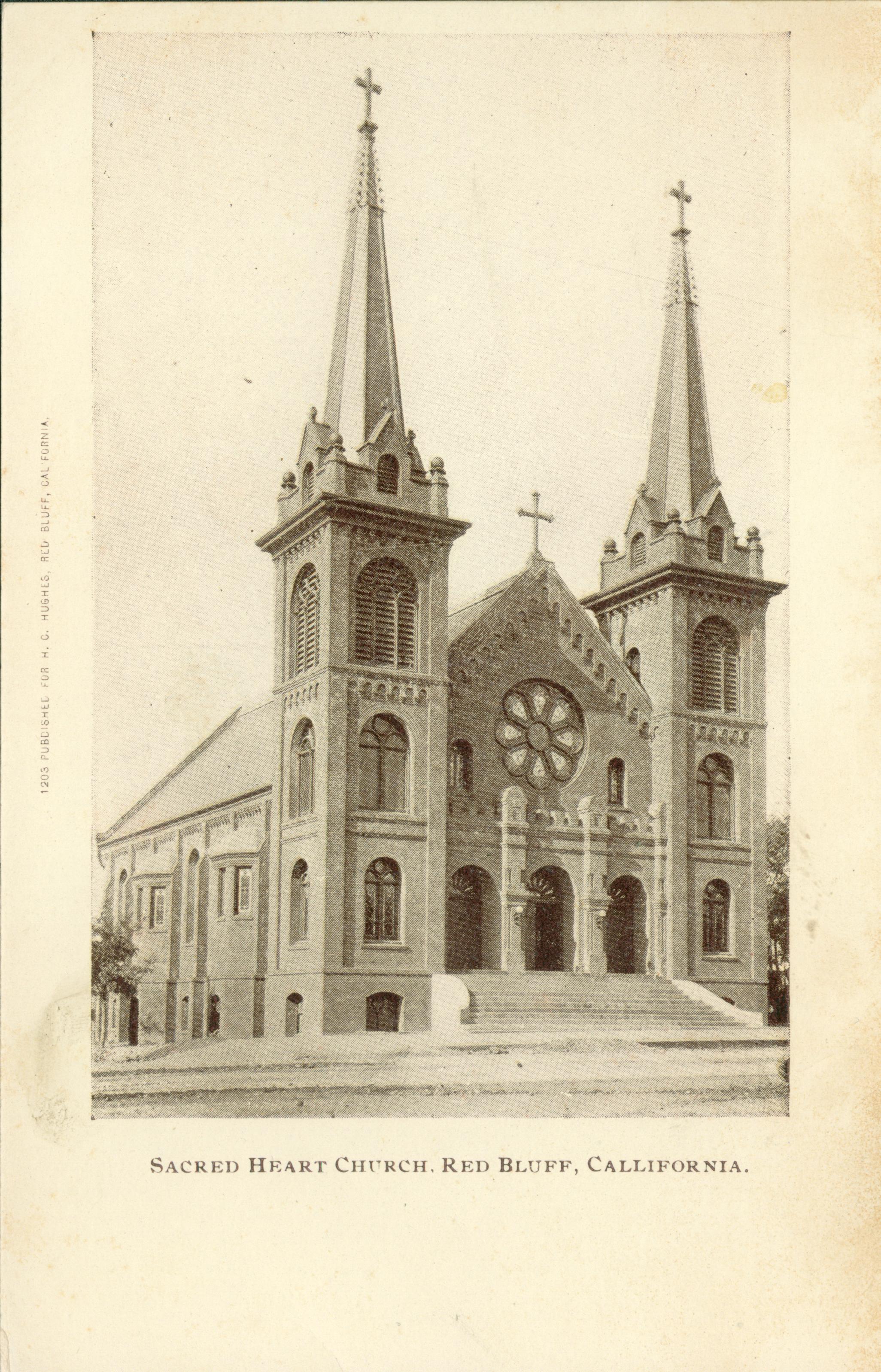 Shows a corner-view of the Sacred Heart Church in Red Bluff